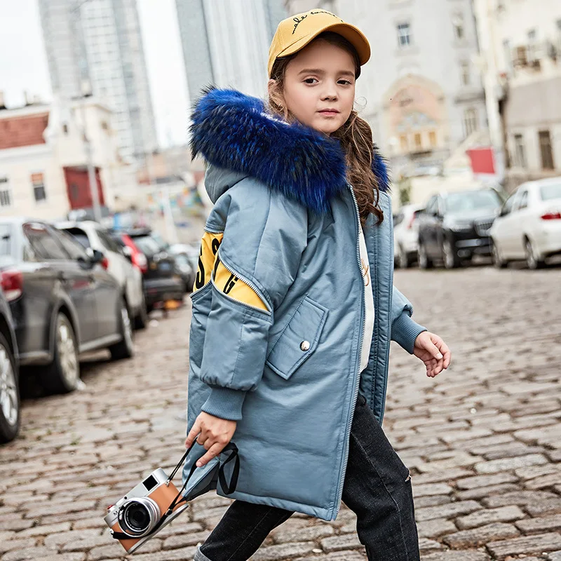 babyblue Детская парка с воротником из натурального меха енота; толстые теплые детские Блестящие Зимние пуховики; пальто для мальчиков; одежда для подростков; зимний комбинезон; Одежда для девочек - Цвет: babyblue