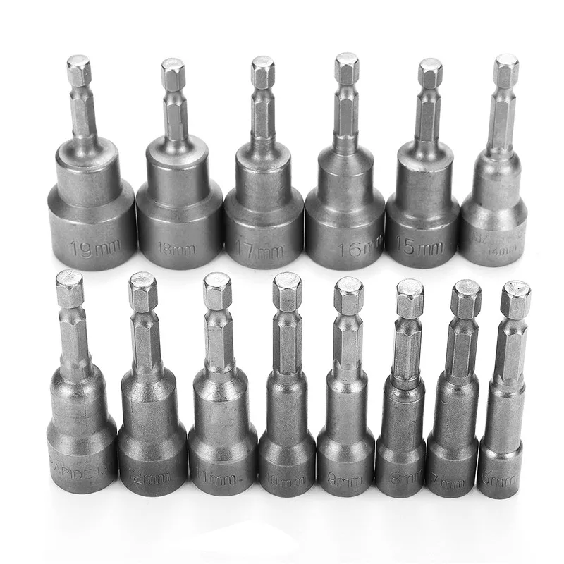 

14pcs 1/4'' Socket Magnetic Nut 6-19MM ilver Grey Adapter Drill Bit Driver Set For Power Drills Steel SHex Shank Magnet Holds