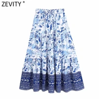 zevity women patchwork totem floral print casual a line skirt faldas mujer female elastic waist lace up chic midi vestido qun832