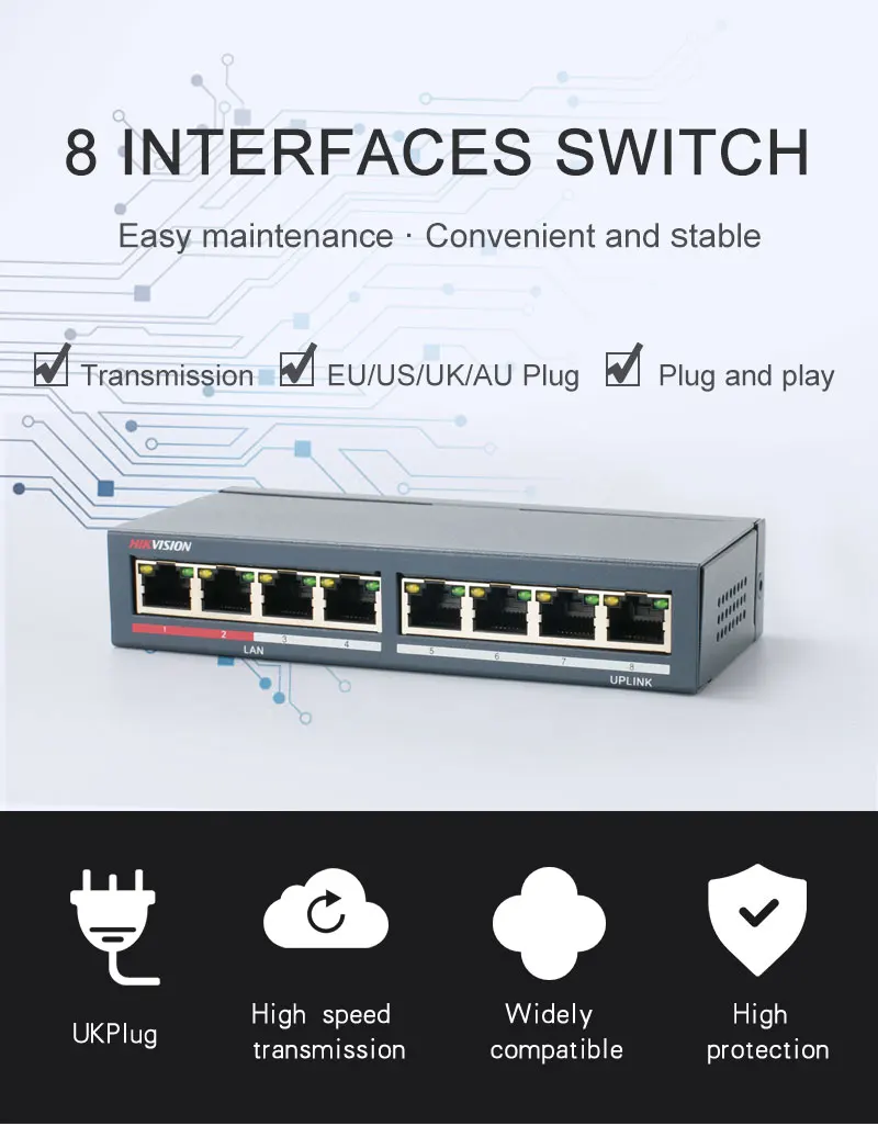Hikvision DS-3E0108-E Неуправляемый коммутатор без PoE 8 портов 10/100 Мбит/с адаптивный металлический материал для 8-канальный NVR и ip-камер видеонаблюдения