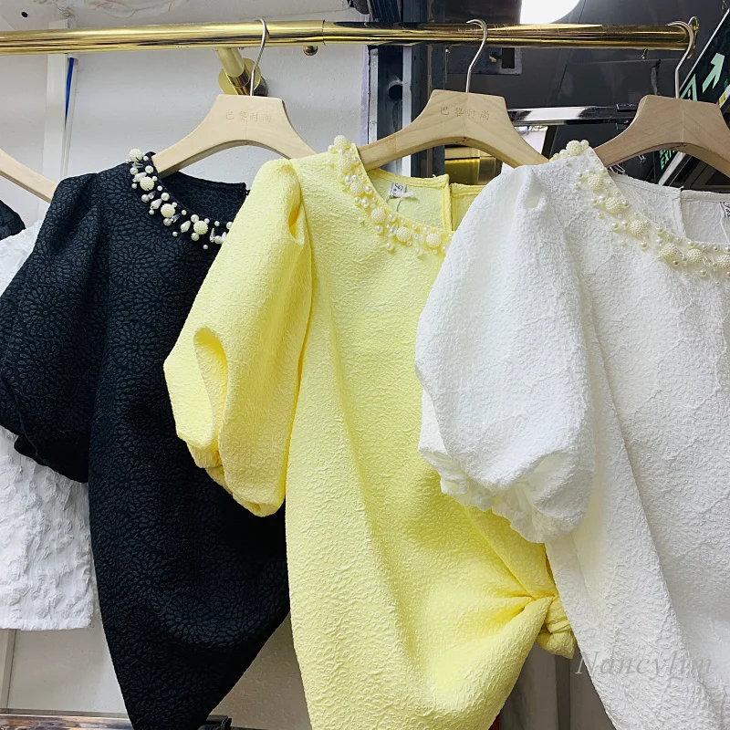 Pull À Manches courtes Chemise Femmes Mode Perle Perlée Col Rond Jacquard Haut D'été Dame Blouse Couleur uni Blusas Nancylim