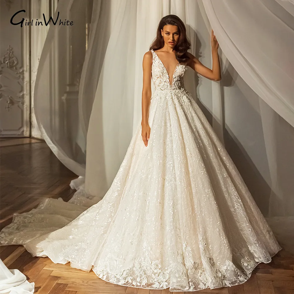 

Luxury A-Line Wedding Dress 2022 Delicate Beading V-Neck Lace Appliques Bride Backless Bridal Gown Vestidos De Novia