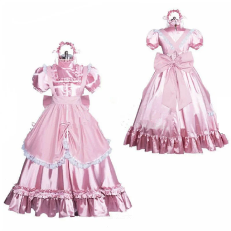 Розовое Атласное длинное платье sпанси готическое с закрывающимся воротником на