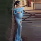 Элегантные Синие платья русалки для беременных с длинным рукавом с горлом и перьями платья для беременных для фотосессии эластичные платья с Боковым Разрезом