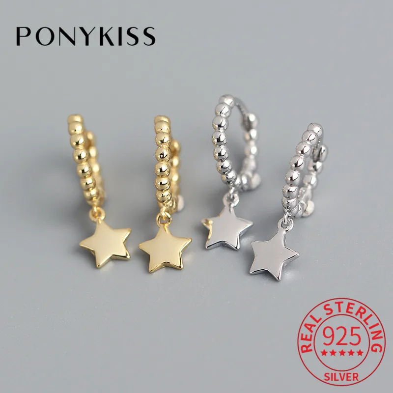 

PONYKISS Trendy S925 Sterling Silver Beads Stars Dangle Huggie Hoop Earrings for Women Anniversary Accessory Fine Jewelry