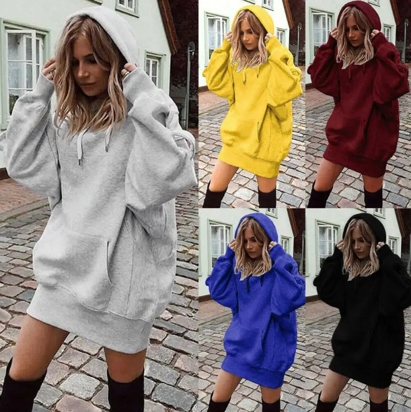 

New Women Autumn Solid Loose Long Sleeve Hooded Jacket Pullover Coat Sweatshirt