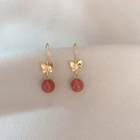 natural crystal earrings strawberry quartz pendant earrings golden butterfly hanging earrings womens earrings jewelry gift