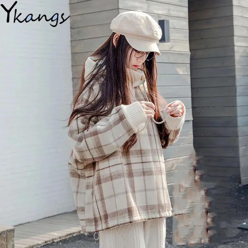 

Winter Plus Velvet Turtleneck Women's Pullover Campus Thicken Hooded Ladies Sports Top 2021 Fashion Check Loose Bottoming Shirt