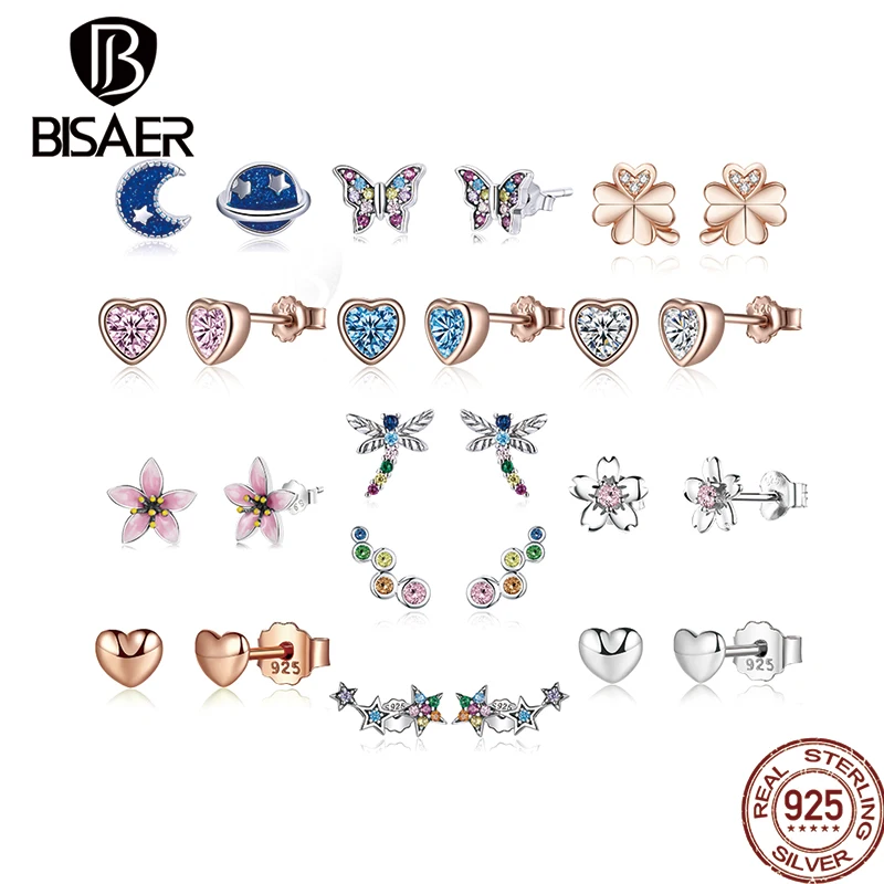 

BISAER Colorful Butterfly Stud Earrings 925 Sterling Silver Heart Shape CZ Crystal Stone Flower Earring For Women Fine Jewelry