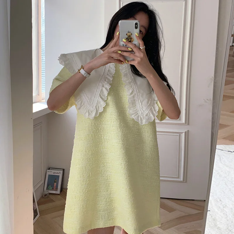 Корейское шикарное летнее милое платье с большими лацканами кружевное
