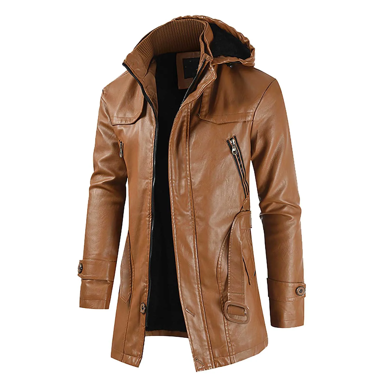 

Fashion Men's Faux Leather Jackets With Hood Pockets Zipper Fly Long Sleeve Imitation Leather Jackets Outwear Male ropa hombre