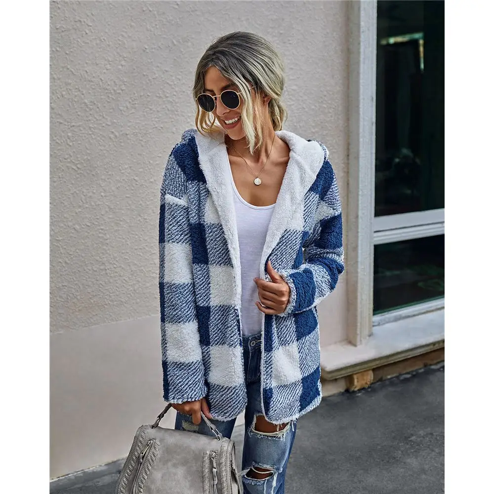 Женский двухсторонний кардиган с капюшоном винтажный флисовый свитер в клетку