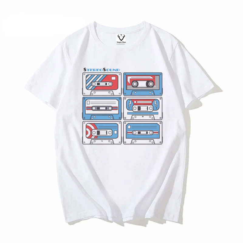 

Изношенная футболка с стерео звуком, летняя белая футболка, музыка, cd звук, 80-е мультфильмы, Ретро стиль, Повседневная футболка
