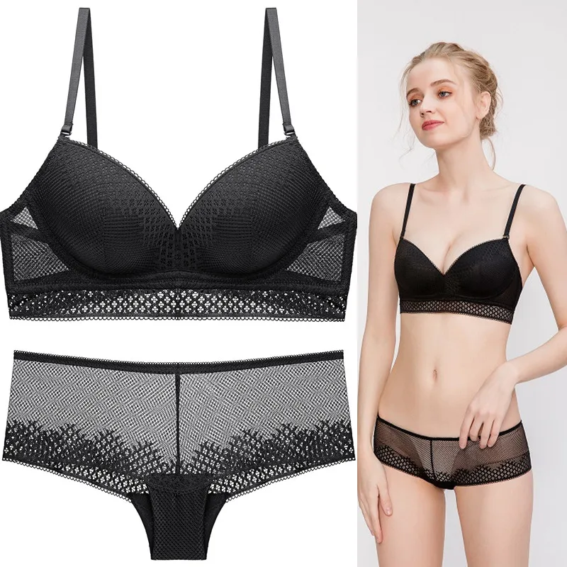 

French Sexy Soft Lace Women's Underwear Set Wire Free Bralette Upper Thin Under Thick Breasts Gather Push Up Lingerie Set