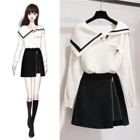 spring winter set women long sleeve turn down collar knitted sweater a line mini skirts suit women korean two piece set
