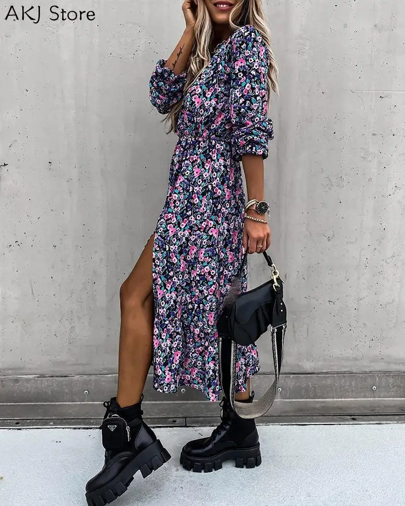 

Women Long Sleeves Floral Print High Slit Maxi Dress Shirt Dress Elegant Party Dress