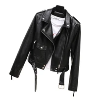 new fashion streetwear ladies snake print short pu leather jacket women black zipper pocket belt spring autumn leather jacket