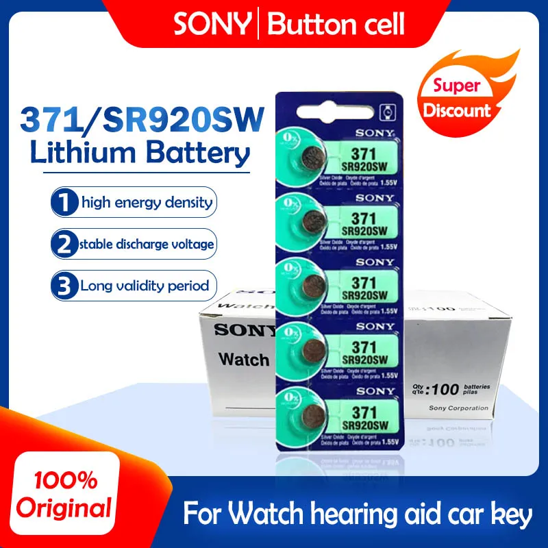 100 шт. Sony Оригинал 371 SR920SW 920 LR920 AG6 LR69 171 1 55 V оксид серебра часы батарея Сделано в