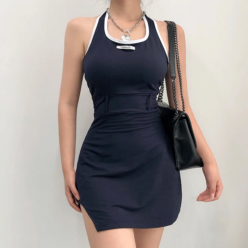 

Women Halter Neck Mini Dress with Contrast Neckline In Navy