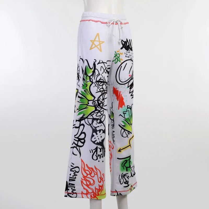 

Women Printed Pattern Casual Wide Leg Long Pants Punk Loose High-waisted Trousers Fashion Streetwear 2021 White Yuqung