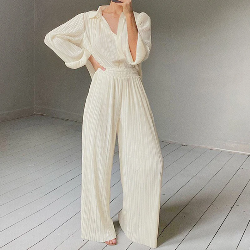 

2021 Spring Autumn Loose Women Two Piece Set Casual Long Sleeve Button Tops + Long Pants Outfit Elegant Office Lady Shirt Suits