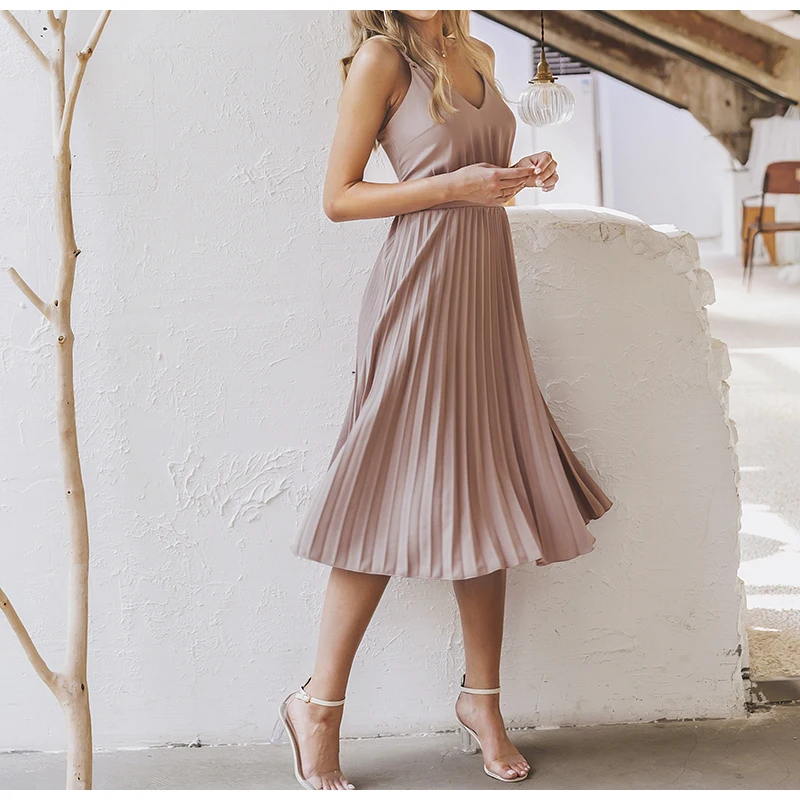 

Summer Women Dress Sexy Spaghetti Strap Sundress Femme A-line Hot Pink Pleated Midi Dress Casual Office Ladies Party Vestidos