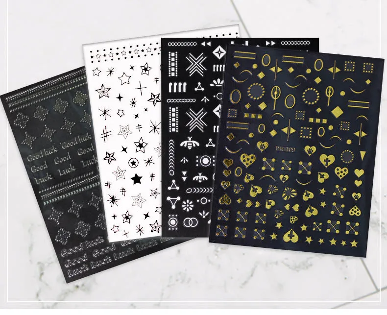 

Nail art stickers Geometric space line heart star circles gold silver black white colors manicure decoration slider decals DM003