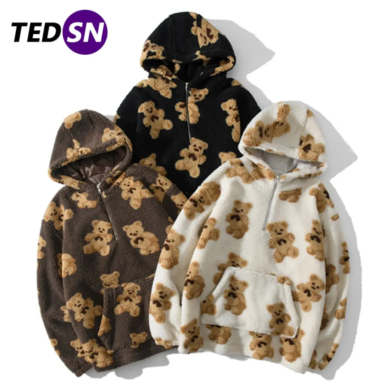 

Hip Hop Lambswool Jacket Bear Print Pullover Hooded Hoodies Men Harajuku Streetwear Oversized Couple Hoodie Coat Outwear Winter