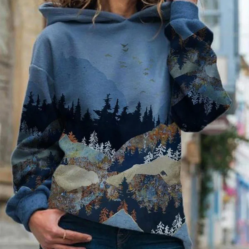 

Women's Hoodie Sweatshirt Forest Print Fleece Hooded Long Sleeve Female Sweatshirts Autumn Vintage Streetwear Ladies Hoodies