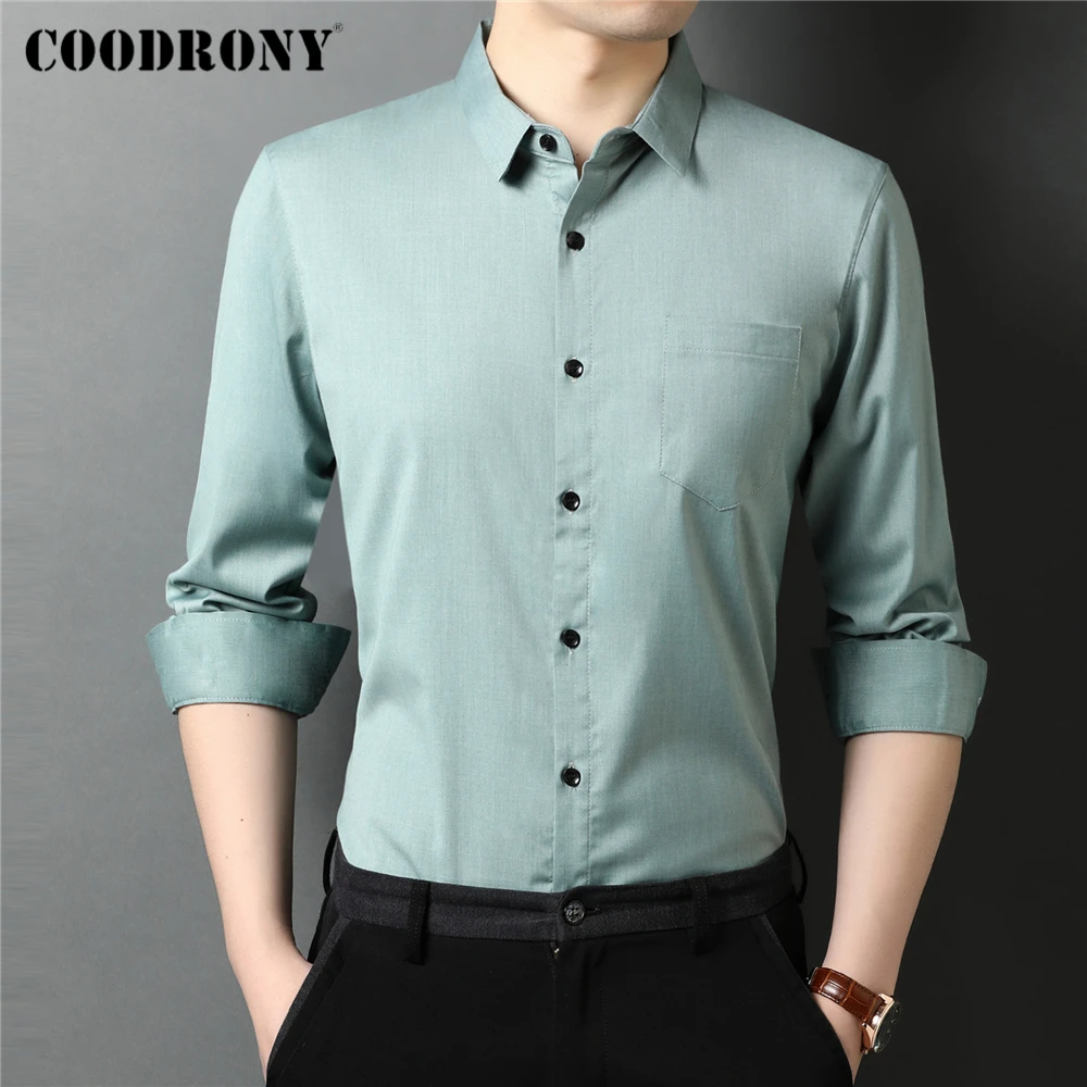 

COODRONY/брендовые модные рубашки, Мужская одежда, весна-осень, новая классическая Повседневная Однотонная рубашка с отложным воротником и дли...
