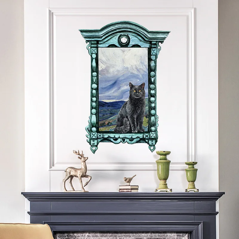 

Painted Black Cat False Window Far Mountain Cloud Wallpaper Living Room Porch Home Wall Decoration Wall Sticker Self-Adhesive