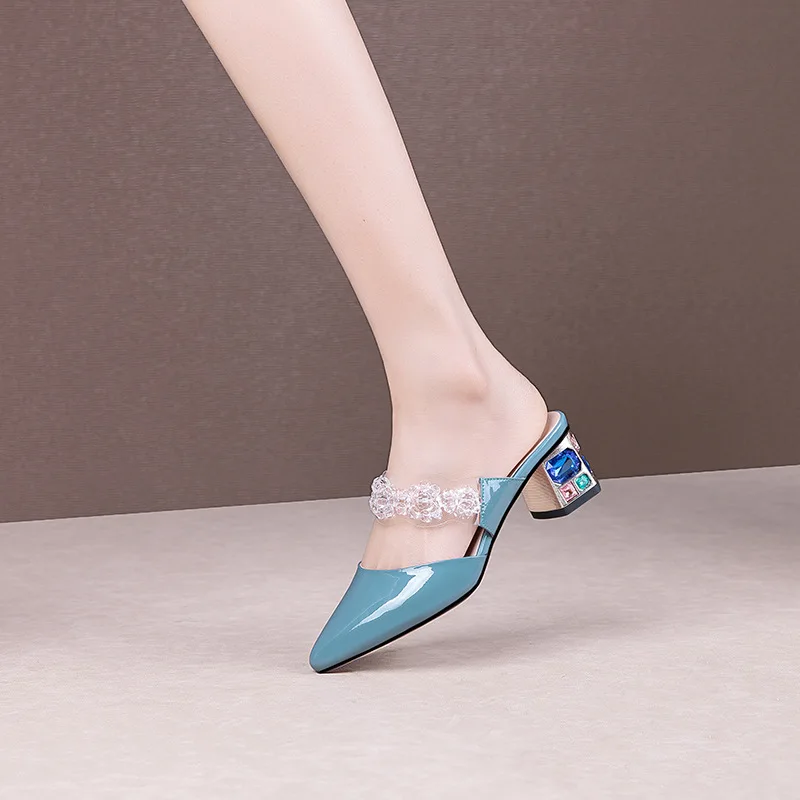

Pointed Toe Square heel Slippers Casual Low Shoes Woman 2021 Pantofle Block Luxury New Rome Slides Rubber PU Fashion Fabric Basi