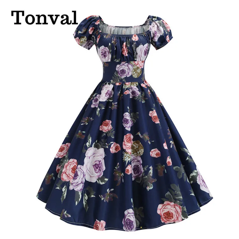 

Женское плиссированное платье Tonval, винтажное разноцветное платье с квадратным вырезом и рюшами, с высокой талией и цветочным принтом, летни...