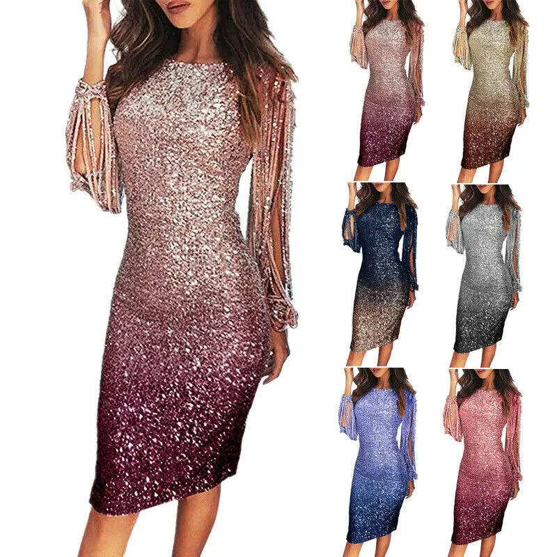 Women's Sexy Slim Bodycon Dress Ladies Formal Sequin O-Neck Long Tassels Sleeve Party Cocktail Midi | Женская одежда
