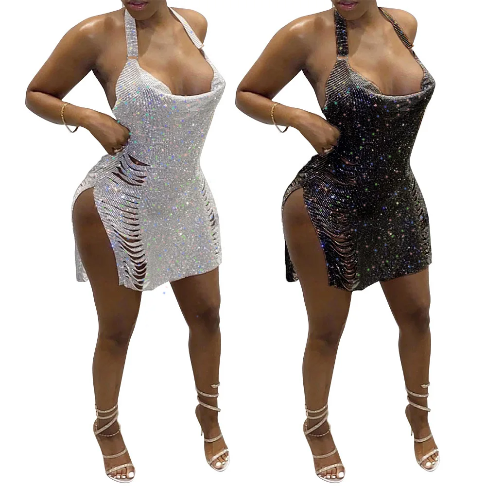 

Sexy Sheer Net Mesh Glitter Tunic Backless Halter Short Night Club Dress Women Sexy Slim Club Bar Split Female Women Robe Dress