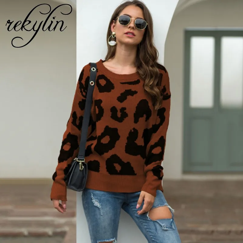 2019 Autumn and Winter New Leopard Print Ladies Sweater Round Neck Loose Pullover Warm Women's sweater | Женская одежда