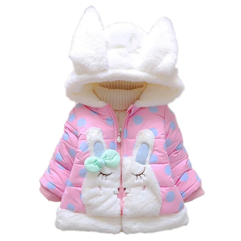 Детское зимнее пальто для девочек хлопковое с капюшоном и милыми кроличьими