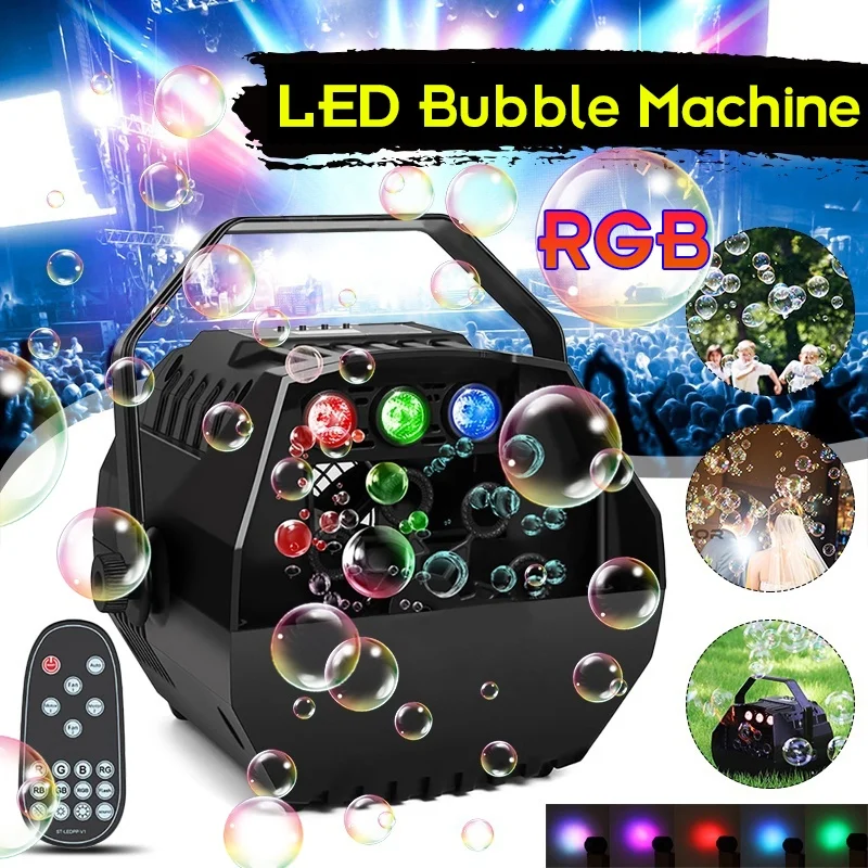 

RGB Colorful 3 LED Bubble Machine Bubbles Maker Blower with Remote Control for Wedding Party Festivals Stage Effect Lights