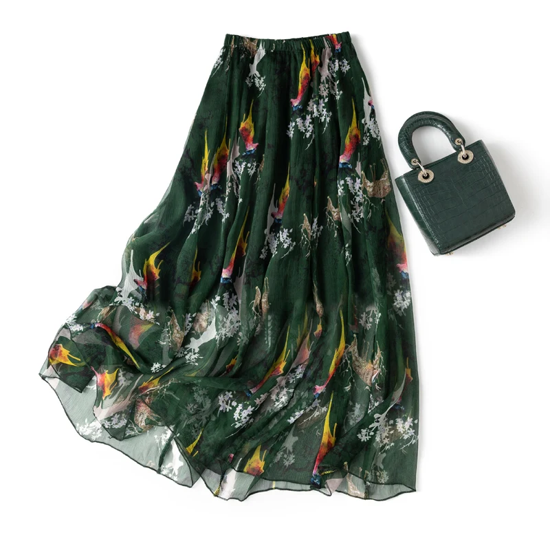

Shuchan Natural Silk Print Long Skirts for Women A-LINE Mid-Calf Lolita Style Chiffon Medieval Skirt Faldas Largas Mujer
