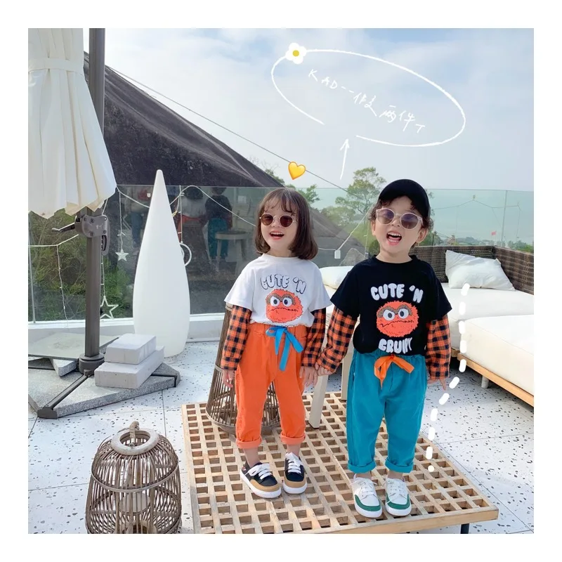 Детские клетчатые футболки с рукавами и принтом милые детские топы круглым