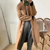 100 Double Side Wool Cashmere Coat Real Fox Fur Collar Detached Natural Rex Rabbit Fur Lining Long Jacket