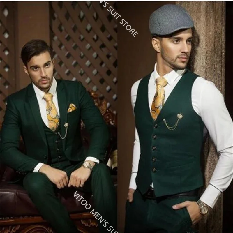 

Dark Green Suits For Men 3 Pieces Casual Marriage Groom Blazer Custom Homme Tuxedo Men For Wedding (Jacket+Pants+Vest)Latest