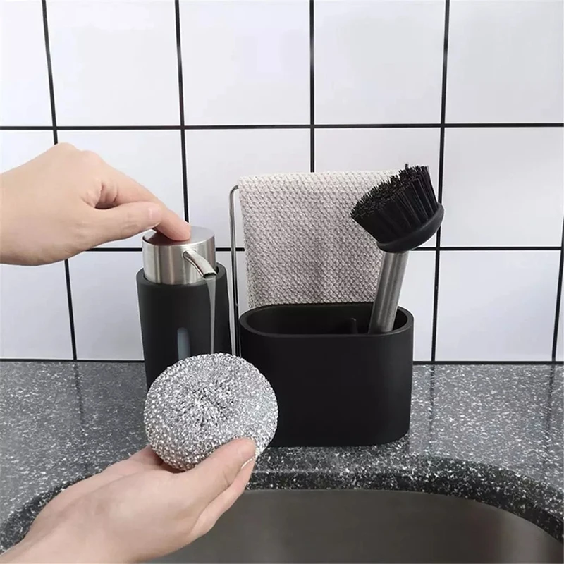 

Sink Caddy Cleaning Kit Kitchen Caddy with Soap Dispenser Steel Ball and Brush Black Clean Group for Kitchen Organizing