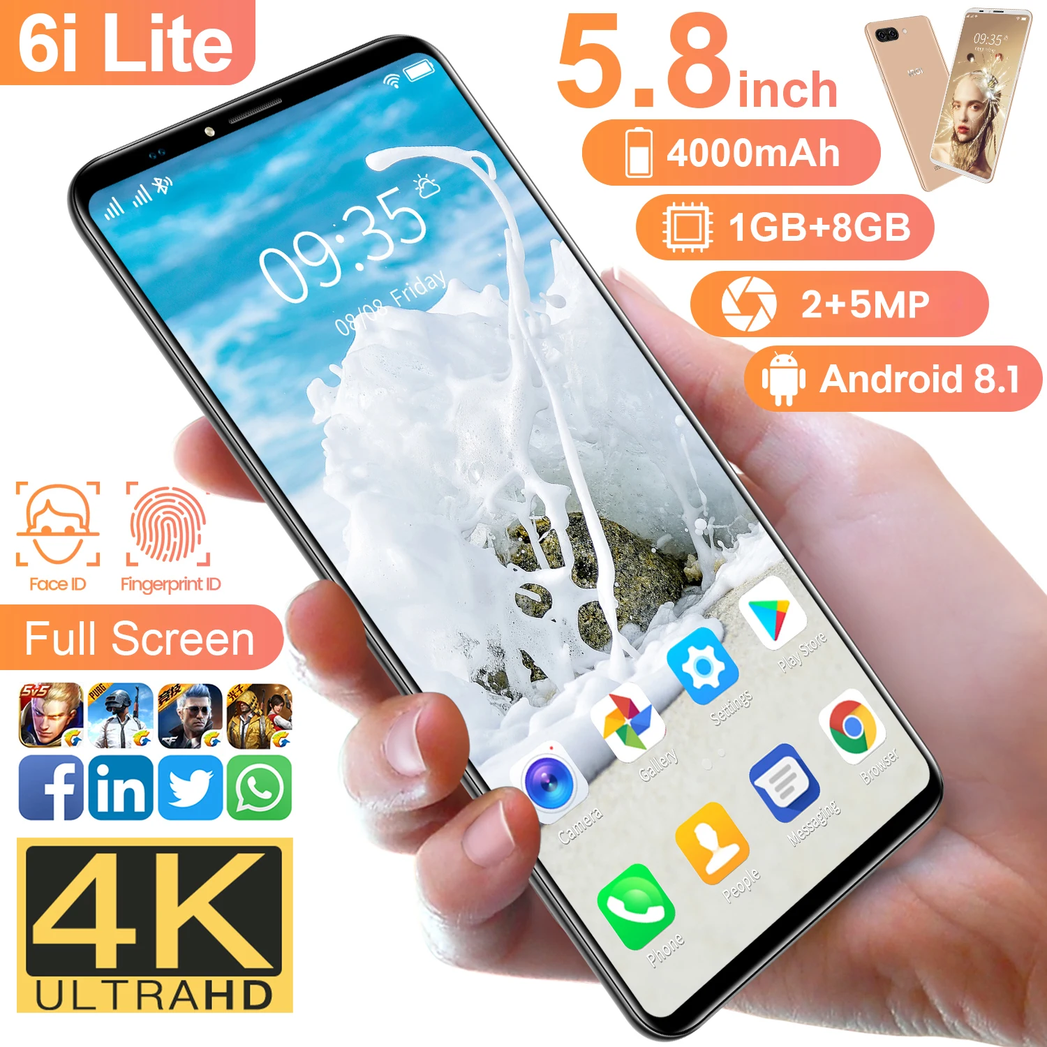 

Russian Smartphone Inoi 6i Lite RAM 1Gb +ROM 8GB 4000mAh Big Battery Android 8.1 3G WCDMA Unlocked Dual Sim Mobile Phone