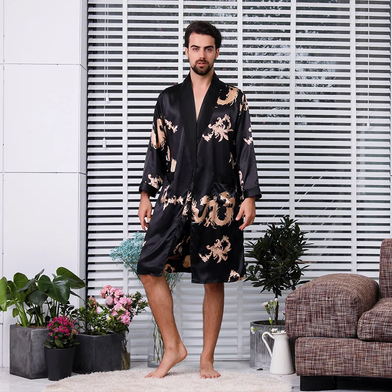 

Robe Men Nightdress Satin Kimono Bathrobe Long-Sleeved Silk Royan Nightgown Men Bathrobe Dragon Robe For Male Home Sleepwear