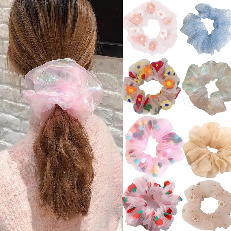 

4PCS Girls Pink Scrunchies Set Cute Floral Elastic Hair bands For Women Korean Gum Hair Tie Daisy Ponytail Hold Hair Accessories