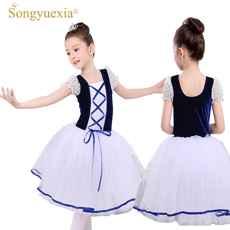 

New Romantic Tutu Giselle Ballet Costumes Girls Child Velet Long Tulle Dress Skate Ballerina Dress Short Sleeve Lace Dress