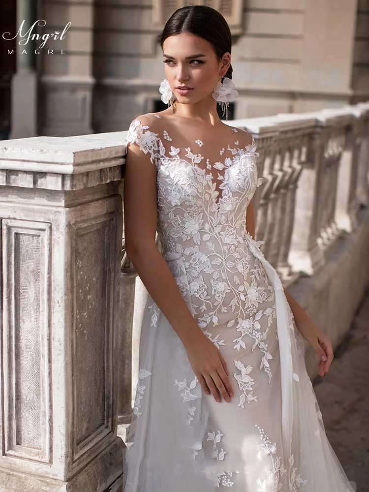 

MNGRL Luxury Retro V-neck Mermaid 3D Flower Sleeveless Wedding Dress White Lace Tail Bridal Dresses Backless Wedding Gown