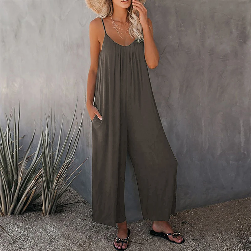 

Женский однотонный комбинезон без рукавов, повседневный Свободный комбинезон на бретельках, комбинезон с карманами, повседневный элегантн...