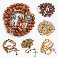 9 styles christ jesus wooden beads cross pendant rosary necklace woven rope chain religious praying jewelry accessories